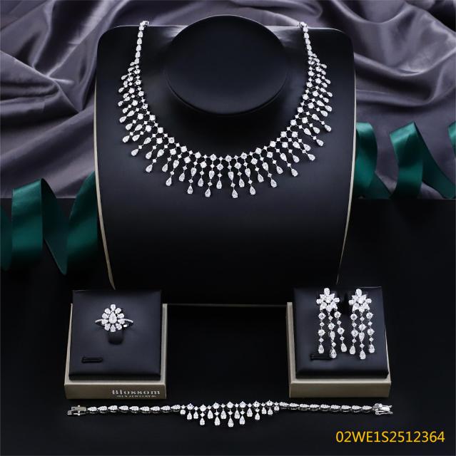 Blossom CS Jewelry Multi‑Length Teardrop Fringe Cubic Zirconia 4 Pieces Bridal Jewelry Set Necklace Earrings Ring Bracelet For Wedding Formal Occasion