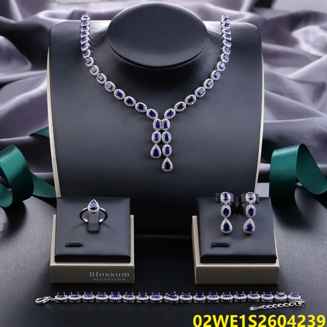 Blossom CS Jewelry Blue Teardrop‑Oval Halo Tennis Chain 925 Sterling Silver Cubic Zirconia 4 Pieces Bridal Jewelry Set Necklace Earrings Ring Bracelet For Wedding Formal Occasion