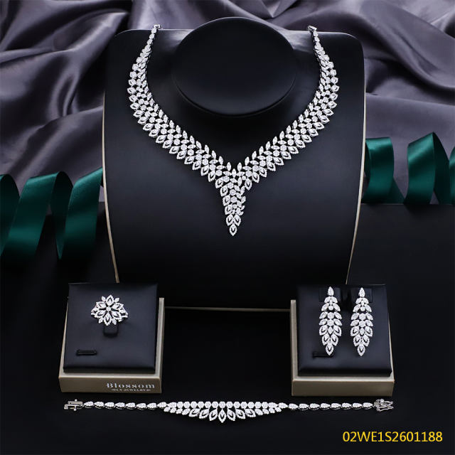 Blossom CS Jewelry V‑Point Marquise‑Cluster 925 Sterling Silver Cubic Zirconia 4 Pieces Bridal Jewelry Set Necklace Earrings Ring Bracelet For Wedding Formal Occasion
