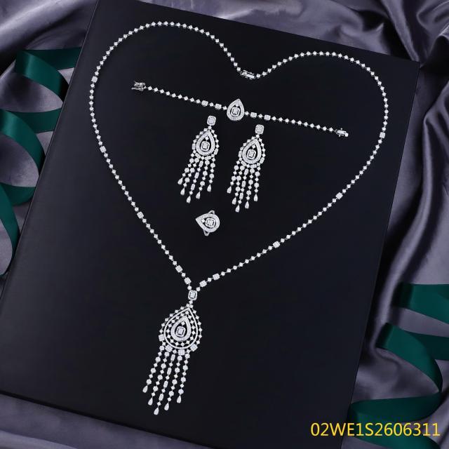 Blossom CS Jewelry Layered‑Teardrop Fringe Tassel Sweater Chain 925 Sterling Silver CZ 4‑Pcs Bridal Jewelry Set For Wedding Party