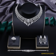 Blossom CS Jewelry V‑Neck Multi‑Row Fringe Teardrop Cubic Zirconia 4 Pieces Bridal Jewelry Set Necklace Earrings Ring Bracelet For Wedding Formal Occasion