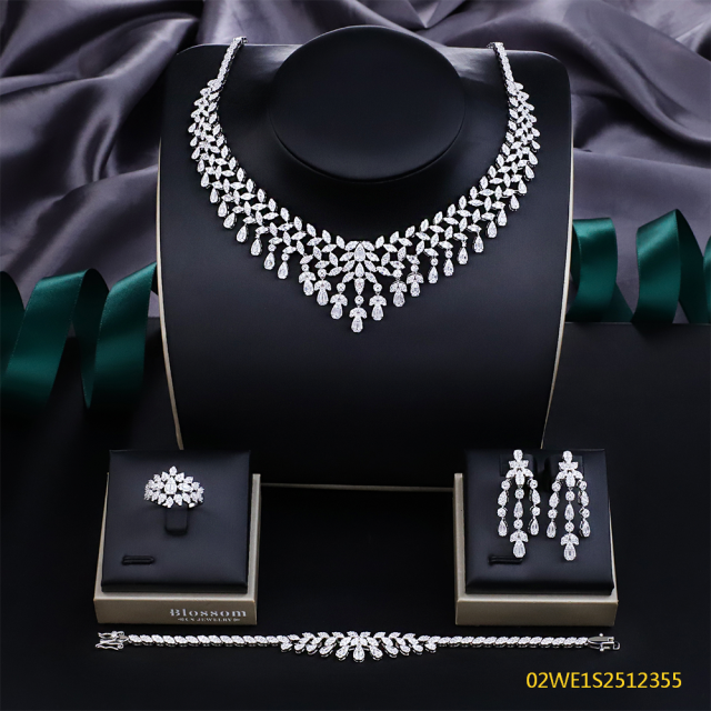 Blossom CS Jewelry V‑Neck Multi‑Row Fringe Teardrop Cubic Zirconia 4 Pieces Bridal Jewelry Set Necklace Earrings Ring Bracelet For Wedding Formal Occasion