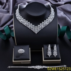 Blossom CS Jewelry V‑Shape Halo Cluster With Pearl Accent Cubic Zirconia 4 Pieces Bridal Jewelry Set Necklace Earrings Ring Bracelet For Wedding Formal Occasion