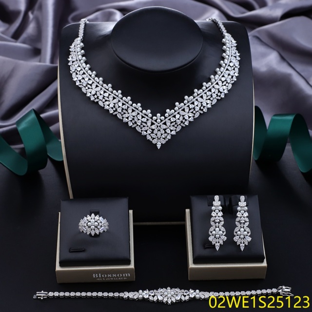 Blossom CS Jewelry V‑Shape Halo Cluster With Pearl Accent Cubic Zirconia 4 Pieces Bridal Jewelry Set Necklace Earrings Ring Bracelet For Wedding Formal Occasion