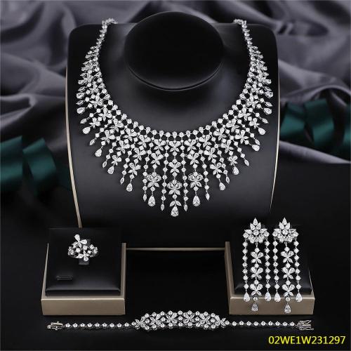 Blossom CS Jewelry Tassel Fringe CZ Bib 925 Sterling Silver 4‑Pcs Bridal Jewelry Set