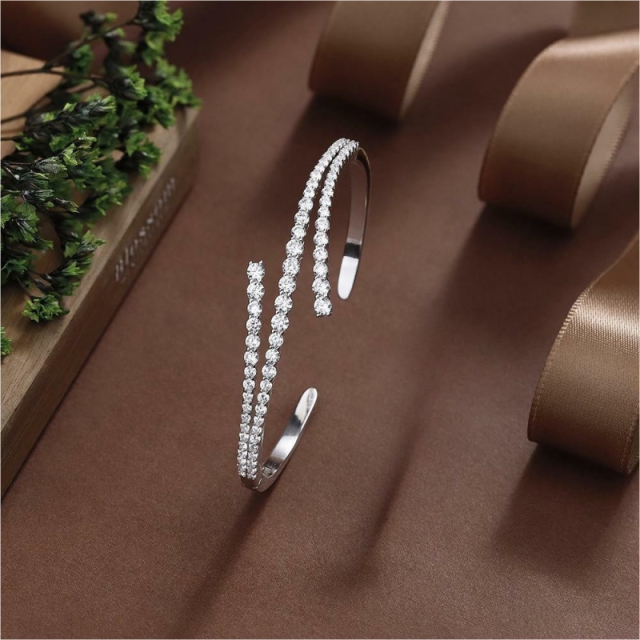 Blossom CS Jewelry Two‑Row Pave Open Cuff 925 Sterling Silver Zirconia Bangle