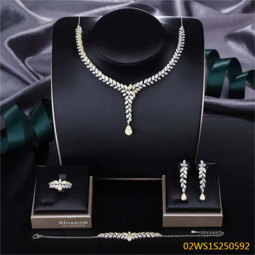 Blossom CS Jewelry Teardrop Yellow CZ Y‑Drop 925 Sterling Silver 4‑Pcs Bridal Jewelry Set