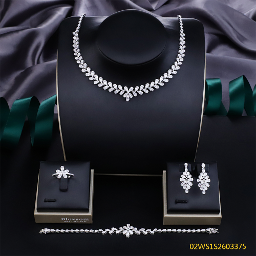 Blossom CS Jewelry Teardrop Floral Collar 925 Sterling Silver 4‑Pcs Bridal Jewelry Set