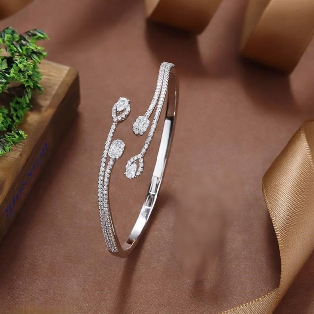 Blossom CS Jewelry Mixed‑Cut Open Cuff 925 Sterling Silver Zirconia Bangle