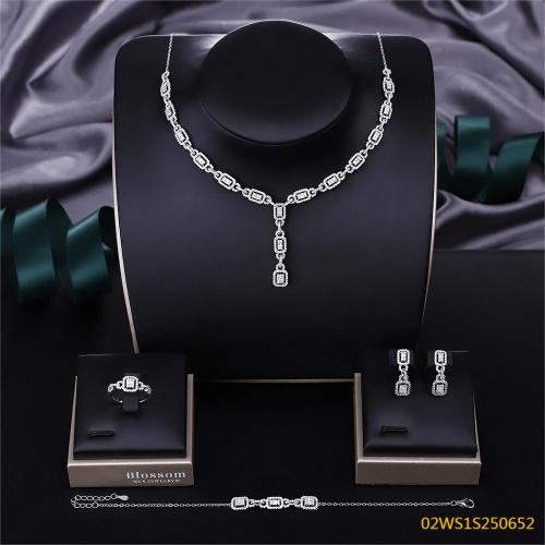 Blossom CS Jewelry Rectangular Halo Y‑Drop 925 Sterling Silver 4‑Pcs Bridal Jewelry Set