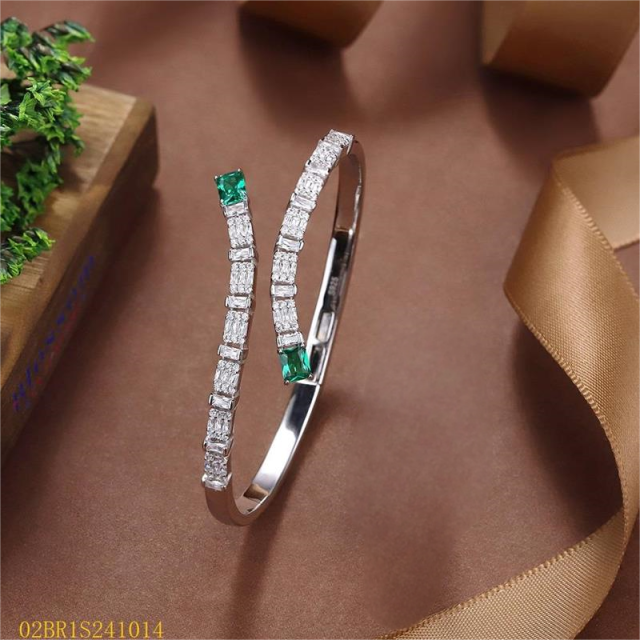 Blossom CS Jewelry Baguette Green Emerald‑Color Cubic Zirconia Open Cuff Bangle 925 Sterling Silver Open Bangle For Women