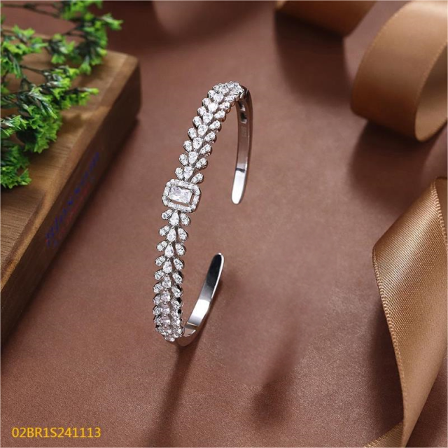 Blossom CS Jewelry Radiant‑Cut Halo Multi‑Shape Cubic Zirconia Open Cuff Bangle 925 Sterling Silver Open Bangle For Women
