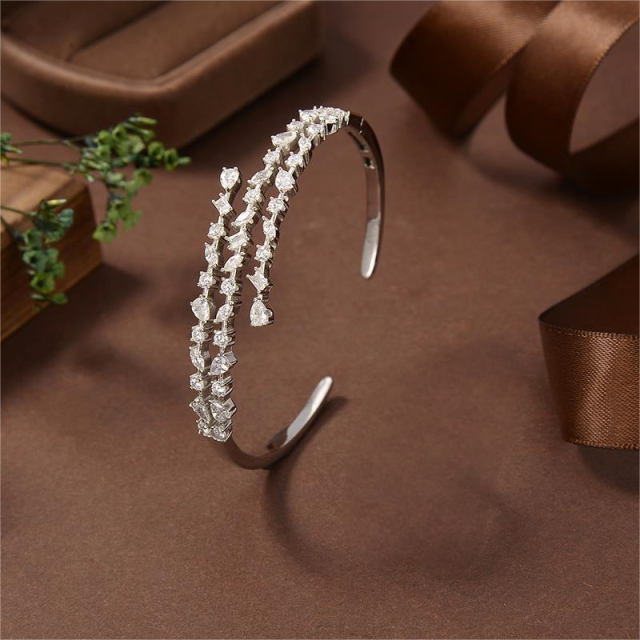 Blossom CS Jewelry Multi‑Shape Cubic Zirconia Cuff Bangle 925 Sterling Silver Open Bangle For Women Party