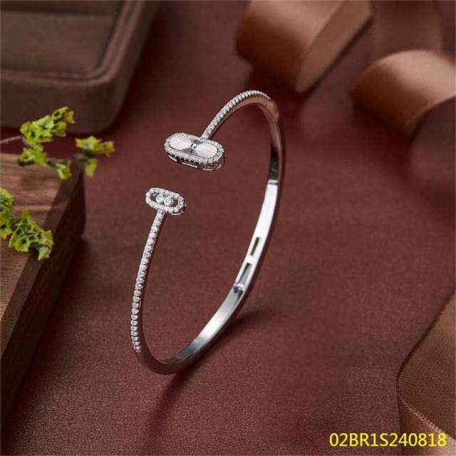 Blossom CS Jewelry CNC Carved Rectangular Geometric Cubic Zirconia Cuff Bangle 925 Sterling Silver Open Bangle For Women