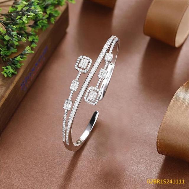 Blossom CS Jewelry Square Halo Double‑Row Cubic Zirconia Open Cuff Bangle 925 Sterling Silver Open Bangle For Women