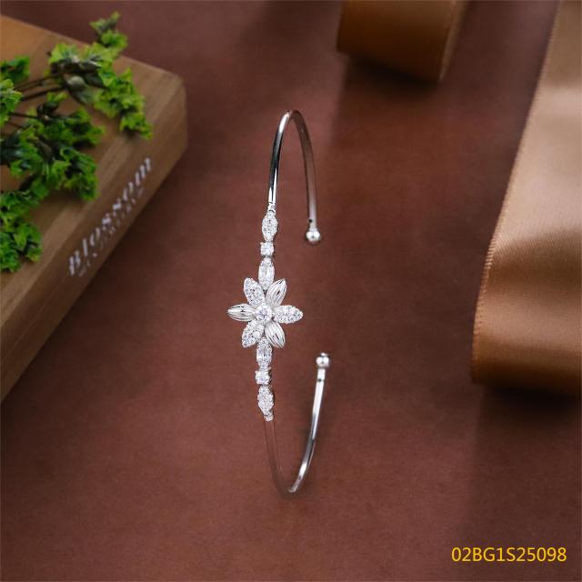 Blossom CS Jewelry Star‑Flower Cubic Zirconia Cuff Bangle 925 Sterling Silver Open Bangle For Women Party Wedding