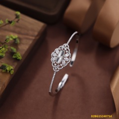 Blossom CS Jewelry CNC Carved Floral Lace Cubic Zirconia Cuff Bangle 925 Sterling Silver Open Bangle For Women