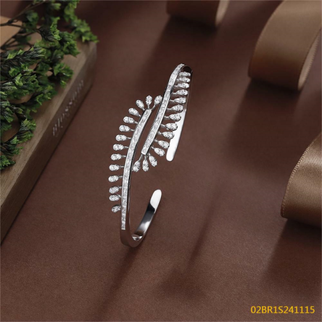 Blossom CS Jewelry Art‑Design Fan‑Shape Marquise Cubic Zirconia Open Cuff Bangle 925 Sterling Silver Open Bangle For Women