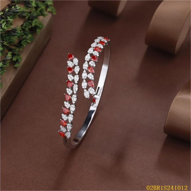 Blossom CS Jewelry Two‑Row Red White Teardrop Cubic Zirconia Open Cuff Bangle 925 Sterling Silver Open Bangle For Women