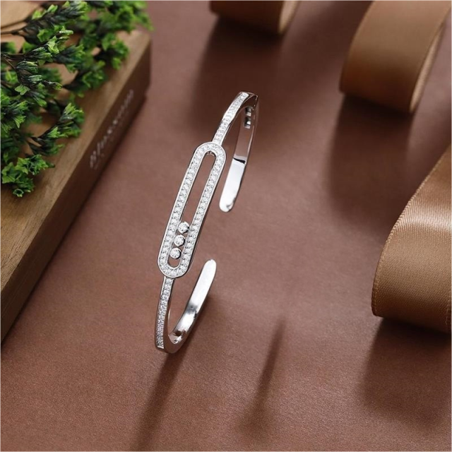 Blossom CS Jewelry 925 Silver Bangle Elongated Oval Loop Pave Zirconia Fixed Stone Open Style For Women Party