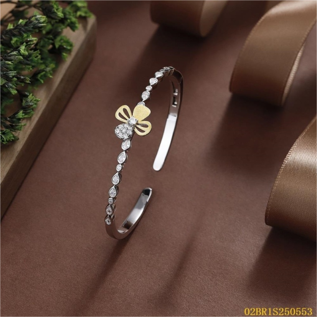 Blossom CS Jewelry 925 Silver Two‑Tone Bangle,Gold‑Fan Zirconia Open‑Style For Women Party