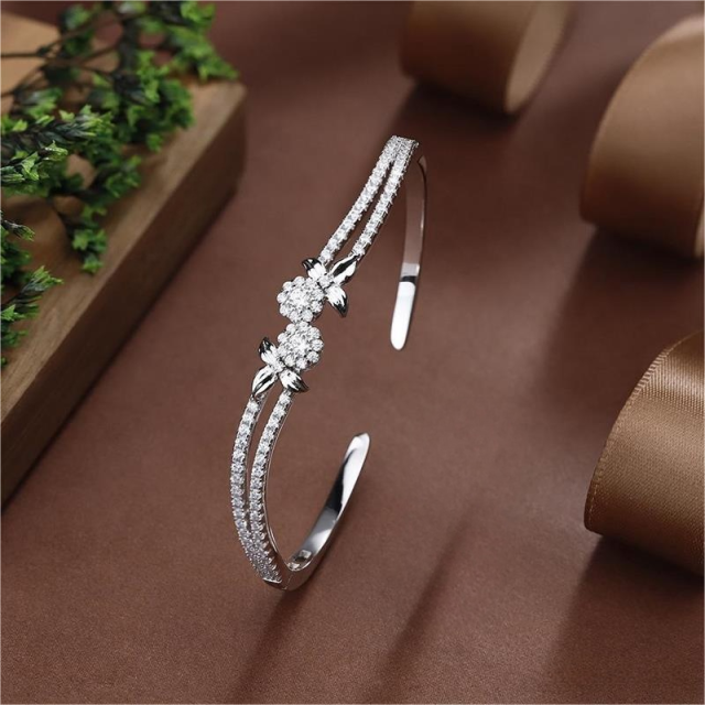 Blossom CS Jewelry 925 Silver Bangle,Double‑Row Floral‑Cluster Zirconia Open‑Style For Women Party