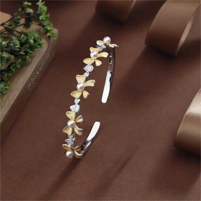 Blossom CS Jewelry 925 Silver Two‑Tone Bangle,Gold‑Bow Pearl Zirconia Open‑Style For Women Party