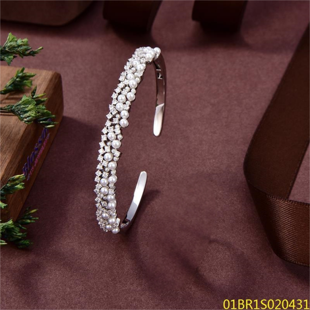 Blossom CS Jewelry 925 Silver Rhodium‑Plated Bangle,Pearl & Zirconia Open‑Style For Women Party