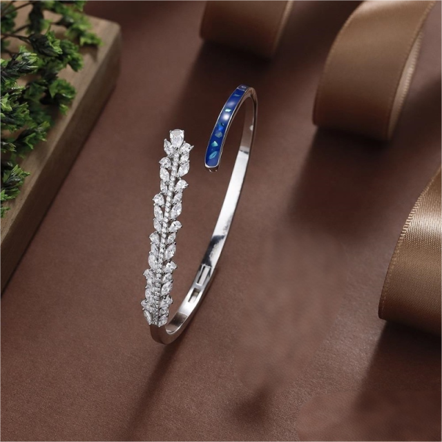 Blossom CS Jewelry 925 Silver Bangle,Blue‑Shell‑Resin Leaf‑Cluster Zirconia Open‑Style For Women Party