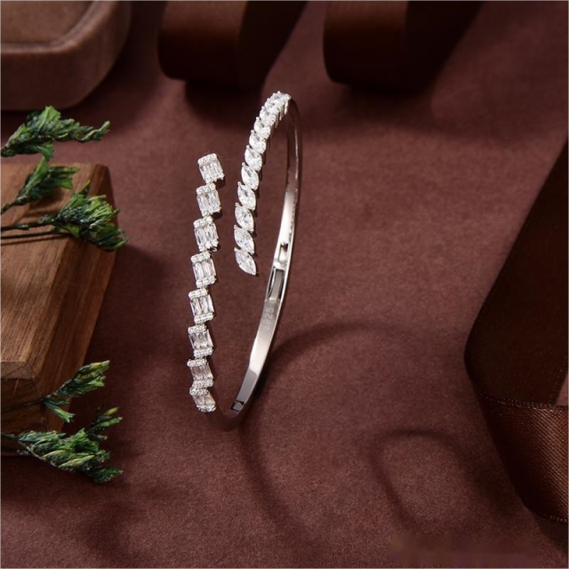 Blossom CS Jewelry 925 Silver Bangle Bypass Mixed‑Shape Zirconia Open Style For Women Party