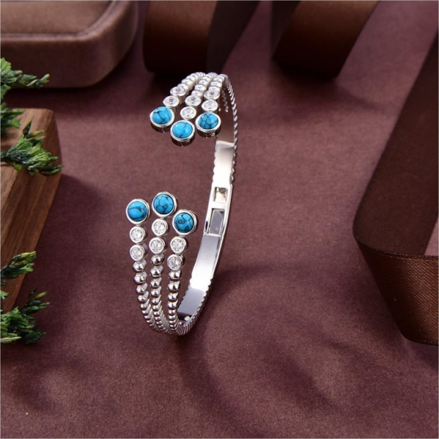 Blossom CS Jewelry 925 Silver Bangle Multi‑Strand Turquoise Inlay Zirconia Open Style For Women Party