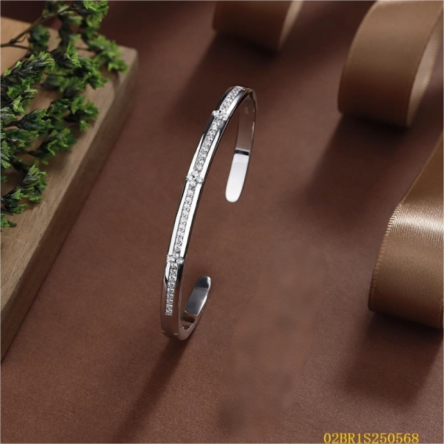 Blossom CS Jewelry 925 Silver Bangle,Three‑Accent‑Flower Single‑Row Pave‑Zirconia Open‑Style For Women Party