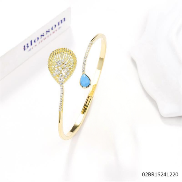 Blossom CS Jewelry 925 Sterling Silver Gold‑Plated Hinged Bangle,Teardrop Filigree Turquoise & Cubic Zirconia Open‑Style Bracelet For Women