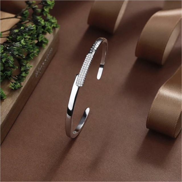Blossom CS Jewelry 925 Silver Bangle,Half‑Pave‑Zirconia Dot‑Textured Open‑Style For Women Party