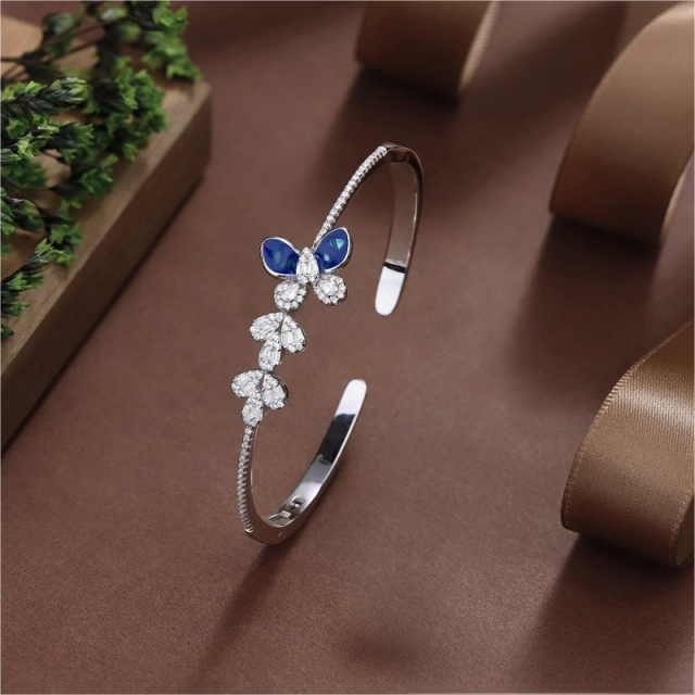 Blossom CS Jewelry 925 Silver Rhodium‑Plated Bangle,Blue‑Butterfly Zirconia Open‑Style For Women Party