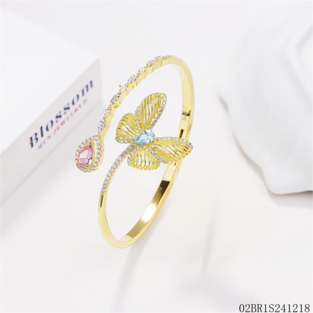 Blossom CS Jewelry 925 Sterling Silver Gold‑Plated Hinged Bangle,Butterfly Multi‑Color Cubic Zirconia Open‑Style Bracelet For Women