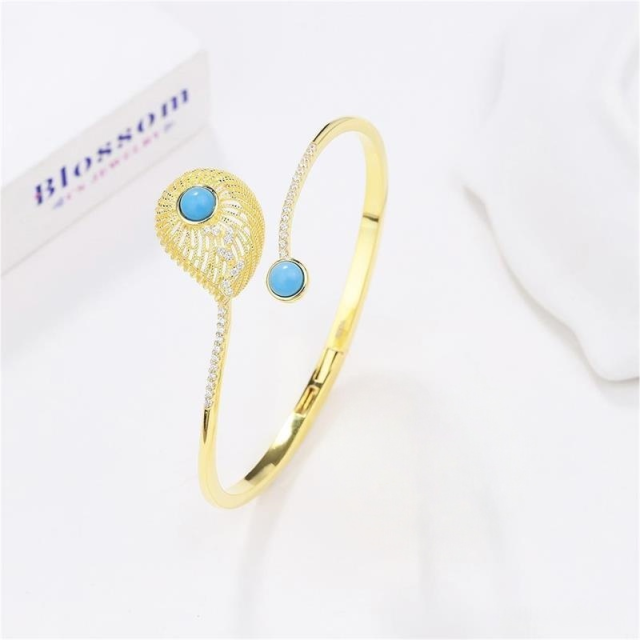 Blossom CS Jewelry 925 Sterling Silver Gold‑Plated Hinged Bangle,Teardrop Turquoise & Cubic Zirconia Open‑Style Bracelet For Women