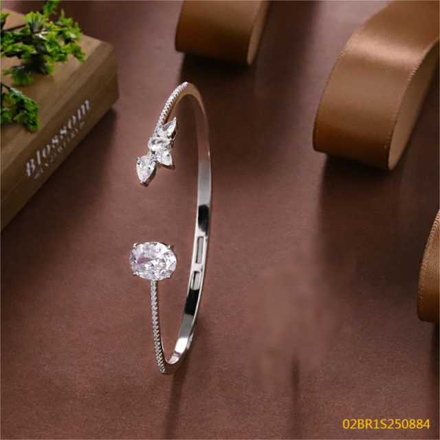 Blossom CS Jewelry 925 Silver Bangle Bypass Oval Teardrop Zirconia Open Style For Women Party