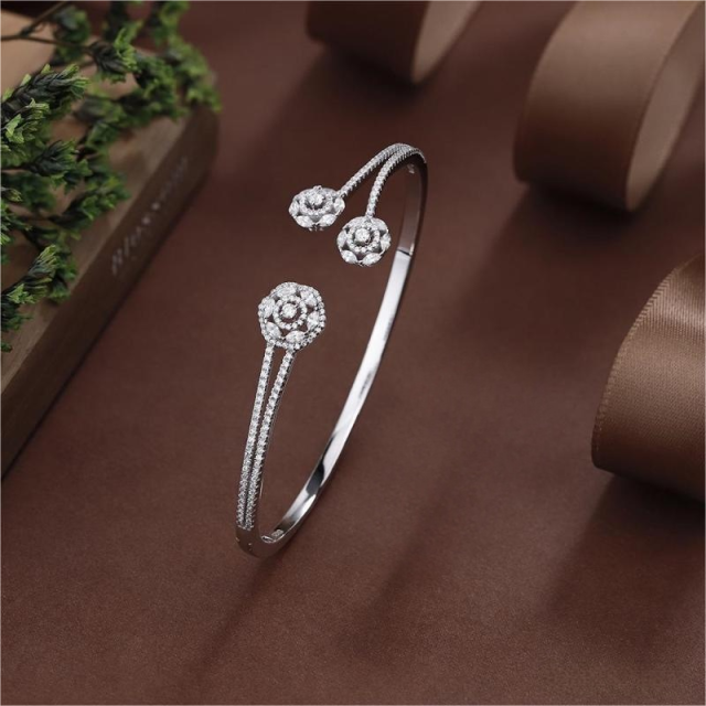 Blossom CS Jewelry 925 Silver Bangle Three Hollow Rose Zircon Open Cuff For Women Party
