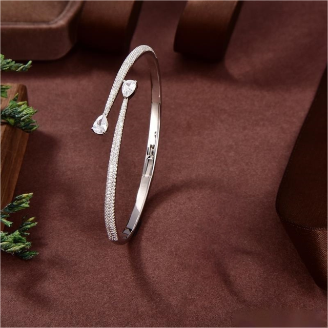 Blossom CS Jewelry 925 Silver Bangle Double Teardrop Zircon Open Cuff For Women Party