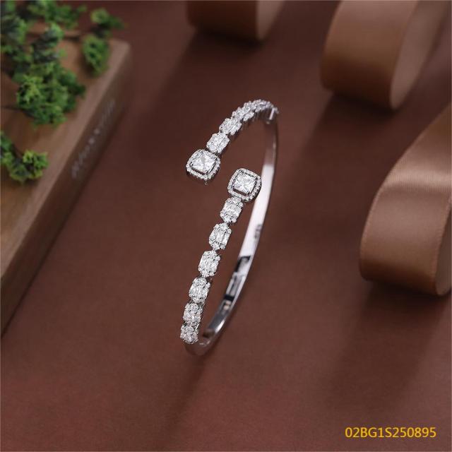 Blossom CS Jewelry 925 Silver Bangle Double Halo Square Zircon Open Cuff For Women Party