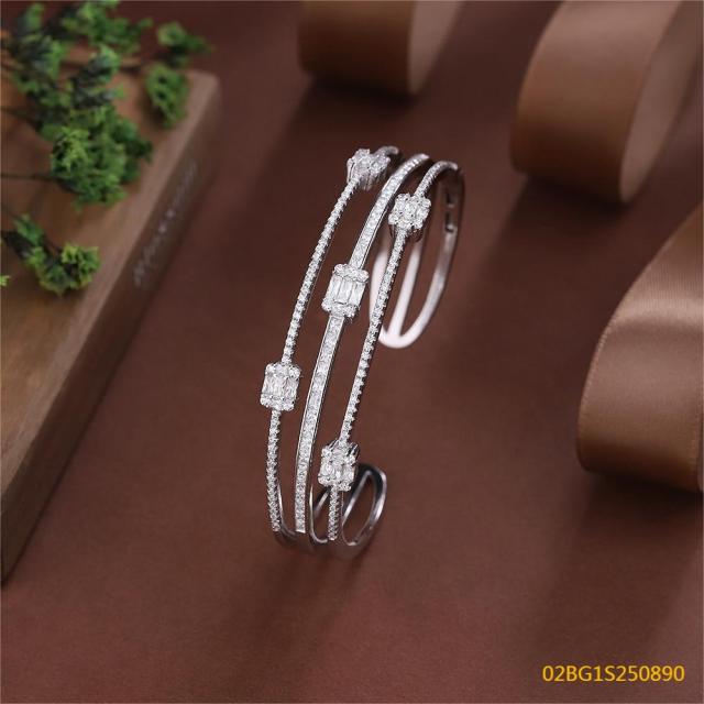 Blossom CS Jewelry 925 Silver Bangle Multi Layer Rectangle Zircon Open Cuff For Women Party