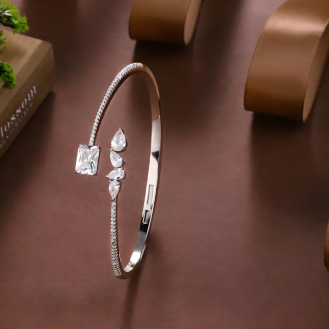 Blossom CS Jewelry 925 Silver Bangle Square Teardrop Zircon Open Cuff For Women Party