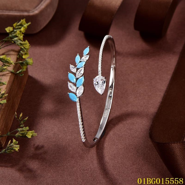Blossom CS Jewelry 925 Silver Bangle Turquoise Leaf Teardrop Zircon Open Cuff For Women Party