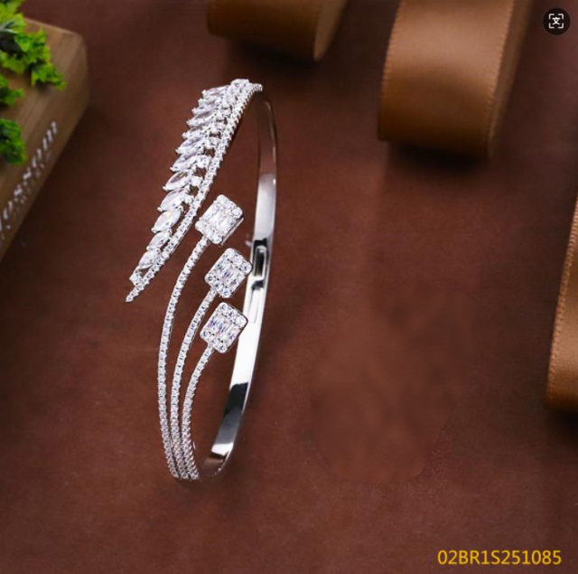 Blossom CS Jewelry 925 Silver Bangle Asymmetrical Layer Zircon Open Cuff For Women Party