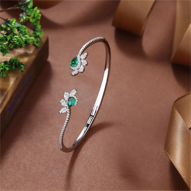 Blossom CS Jewelry 925 Silver Cuff Bangle Green Teardrop Zirconia Floral Open Cuff For Women Party