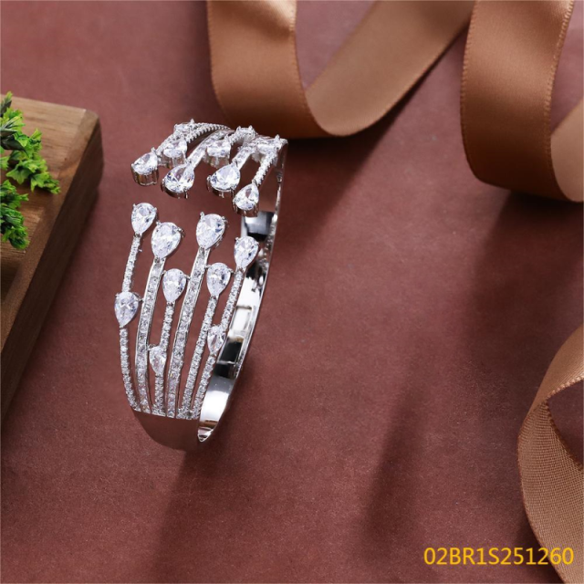 Blossom CS Jewelry 925 Silver Bangle Teardrop Zirconia Multi Strand Open Bangle For Women Party