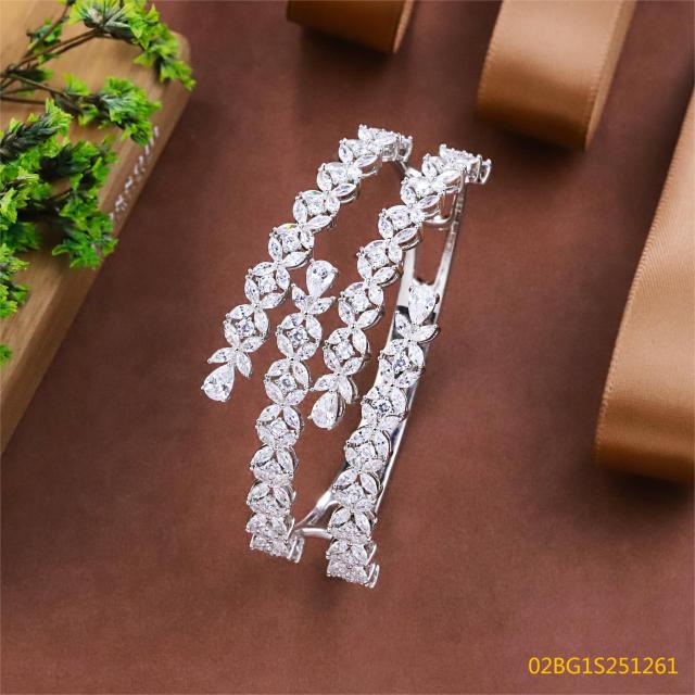 Blossom CS Jewelry 925 Silver Bangle Multi Layer Leaf Teardrop Zirconia Open Bangle For Women Party