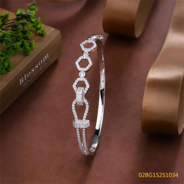 Blossom CS Jewelry 925 Silver Bangle Hexagon Zirconia Interlock Closed Bangle For Women Party