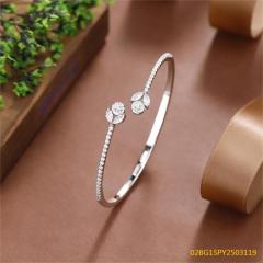 Blossom CS Jewelry Marquise Round Zircon Cuff Bangle 925 Sterling Silver Leaf Open Bracelet for Women